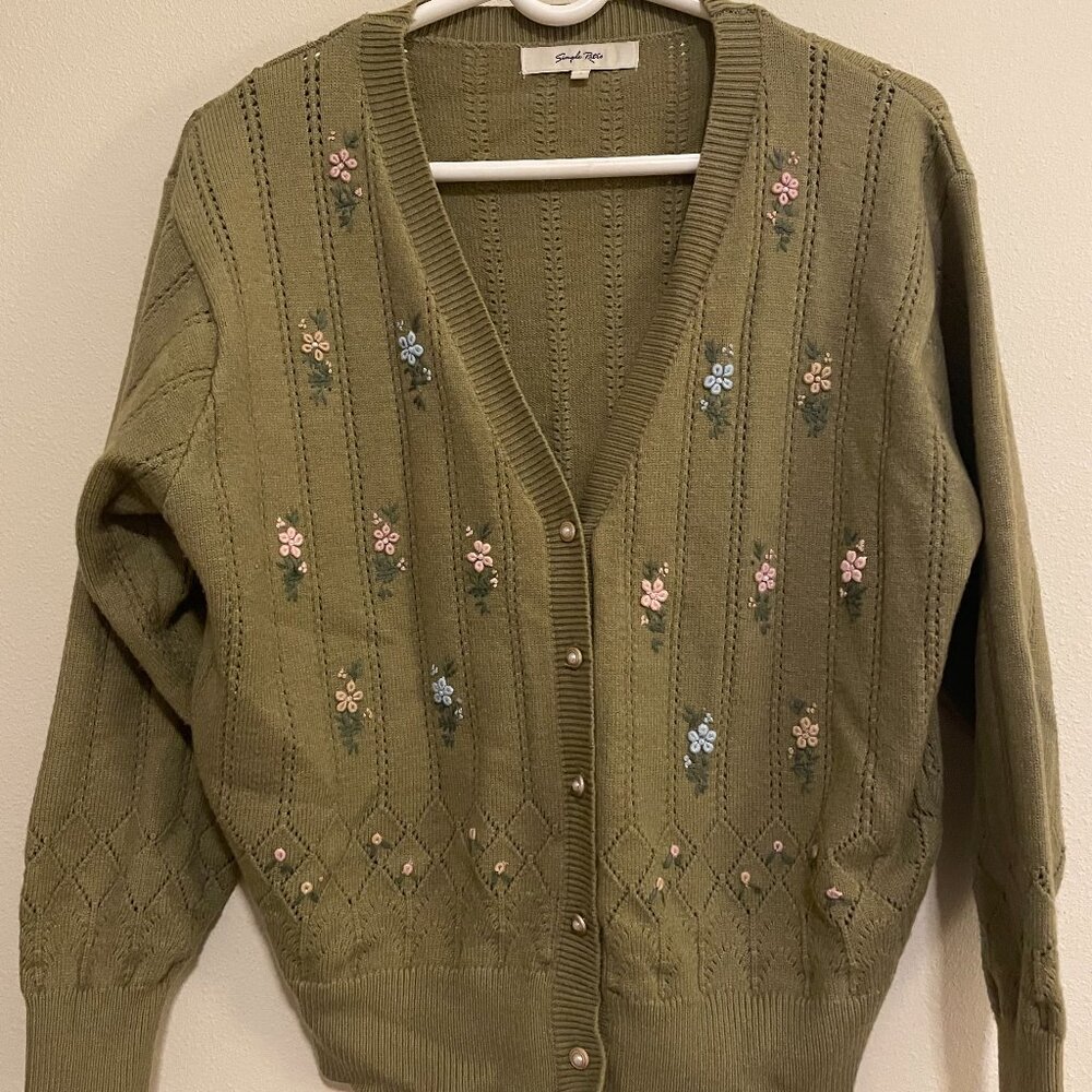 Simple Retro Cardigan Button Up Sweater Olive Green with Embroidered Flowers